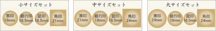 実印・銀行印・認印・角印・ゴム印 5本セットのサイズ